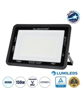 GLOBOSTAR® ATLAS 61428 Προβολέας LED 150W 18750lm 120° AC 220-240V Αδιάβροχο IP67 Ψυχρό Λευκό 6000K - Lumileds SMD Chip - TÜV Rheinland Certified - Μαύρο Ματ - Μ32 x Π4 x Υ23cm - 5 Χρόνια Εγγύηση